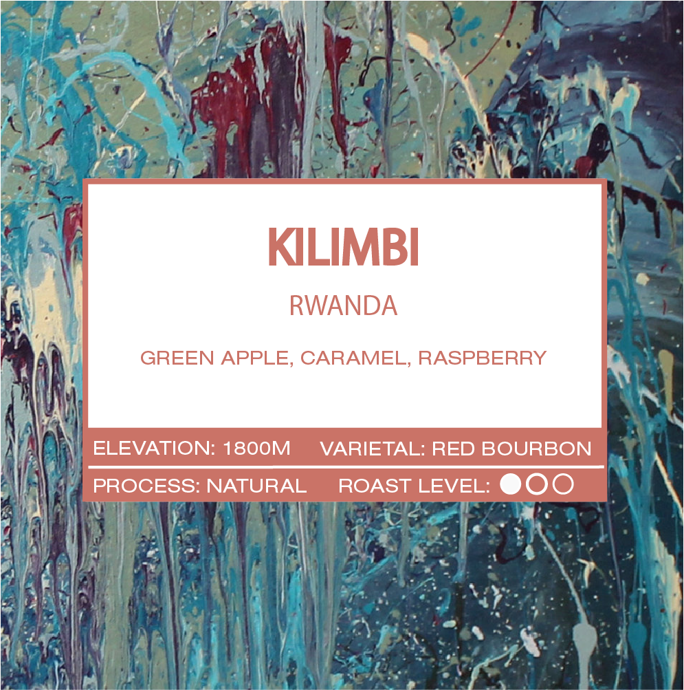 Kilimbi Rwanda coffee product label with abstract blue, teal, green, and red artwork, natural process, red bourbon varietal, and flavor notes